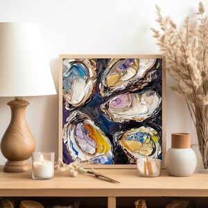 May include: A framed abstract painting of oysters in shades of purple, blue, white, and yellow. The painting is done in a thick, impasto style, giving it a textured look.