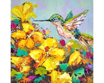 Hibiscus jaune, peinture, colibri, art original, peinture à l'huile florale, oiseau, art mural