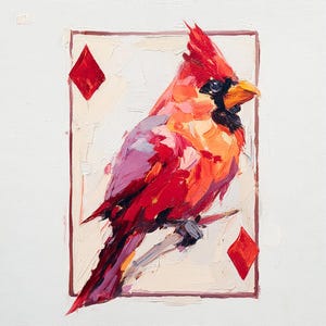 Uccello cardinale rosso che gioca a carte, dipinto a olio, animali, arte murale originale, regalo per la festa della mamma di ArtSenya