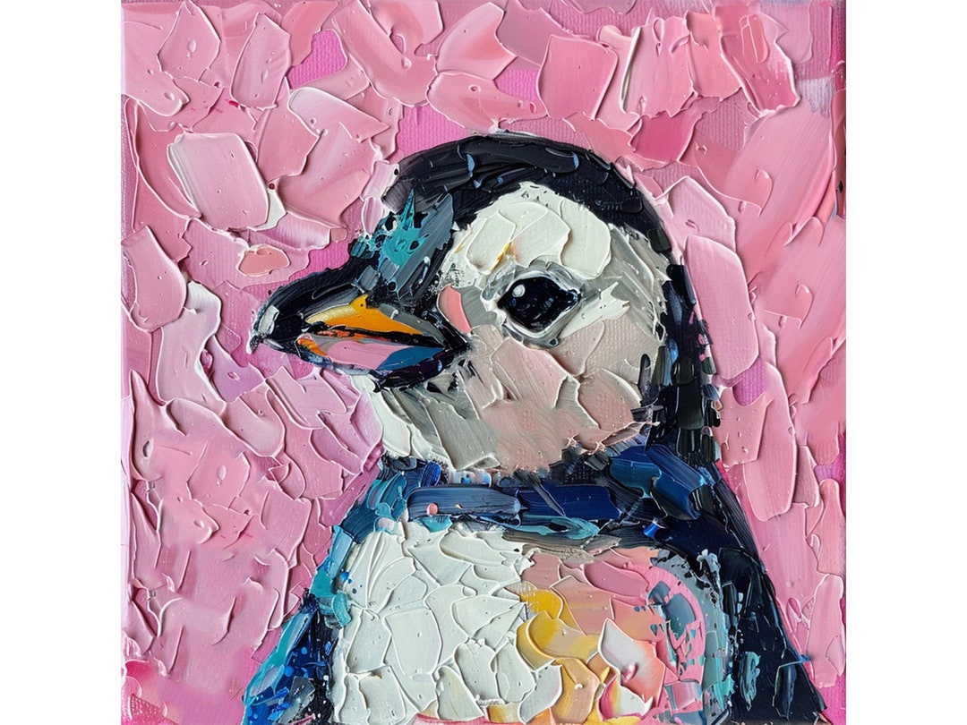 ペンギンの子 油絵 動物 オリジナルアート 鳥 厚塗りアートワーク