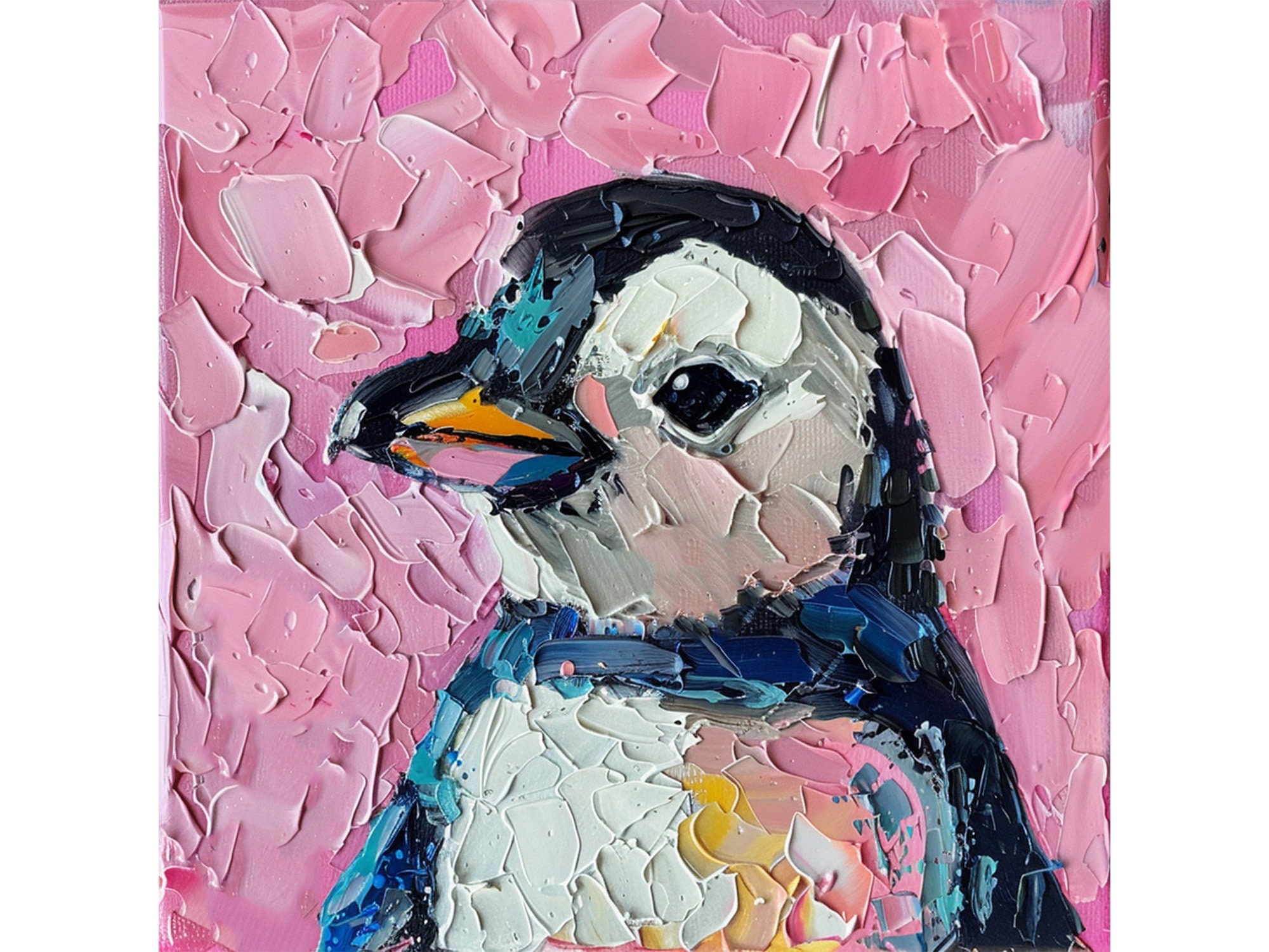 ペンギンの子 油絵 動物 オリジナルアート 鳥 厚塗りアートワーク