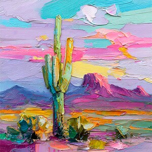 Arizona Desert Cactus Oil Painting: Colorful Impasto Landscape Art