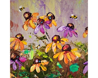 ArtSenya, peinture marguerite Rudbeckia, art original, fleurs sauvages, empâtement, peinture à l'huile, abeille, décoration murale d'art pour la maison, cadeaux pour les mères,