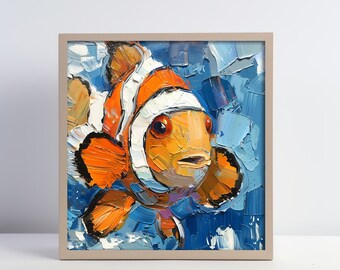 絵画 カクレクマノミ カクレクマノミの油絵：オリジナルインパスト海洋アート（10x10インチ