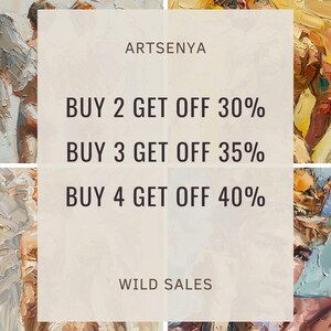 Puede incluir: Un fondo beige y blanco con el texto "ARTSENYA" en la parte superior. El texto "BUY 2 GET OFF 30%", "BUY 3 GET OFF 35%" y "BUY 4 GET OFF 40%" se muestra en texto negro. El texto "WILD SALES" se muestra en texto negro en la parte inferior.