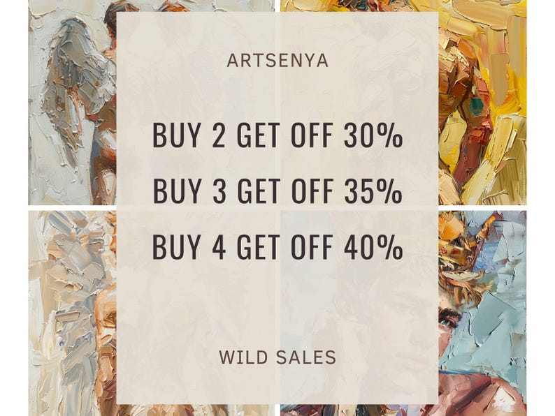 Puede incluir: Un fondo beige y blanco con el texto "ARTSENYA" en la parte superior. El texto "BUY 2 GET OFF 30%", "BUY 3 GET OFF 35%" y "BUY 4 GET OFF 40%" se muestra en texto negro. El texto "WILD SALES" se muestra en texto negro en la parte inferior.