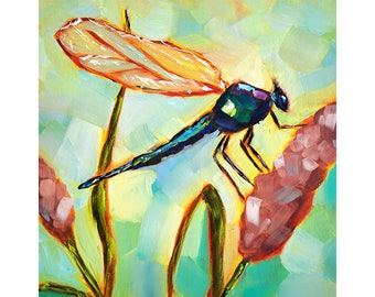 Dragonfly Painting Animal Original Art Reed Oil Painting Insect Wall Art Spring Decor by ArtSenya