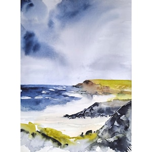 コーンウォール ビーチ ペインティング イギリス オリジナル アート 海岸風景 水彩画 ウォール アート デコレーション by ArtSenya