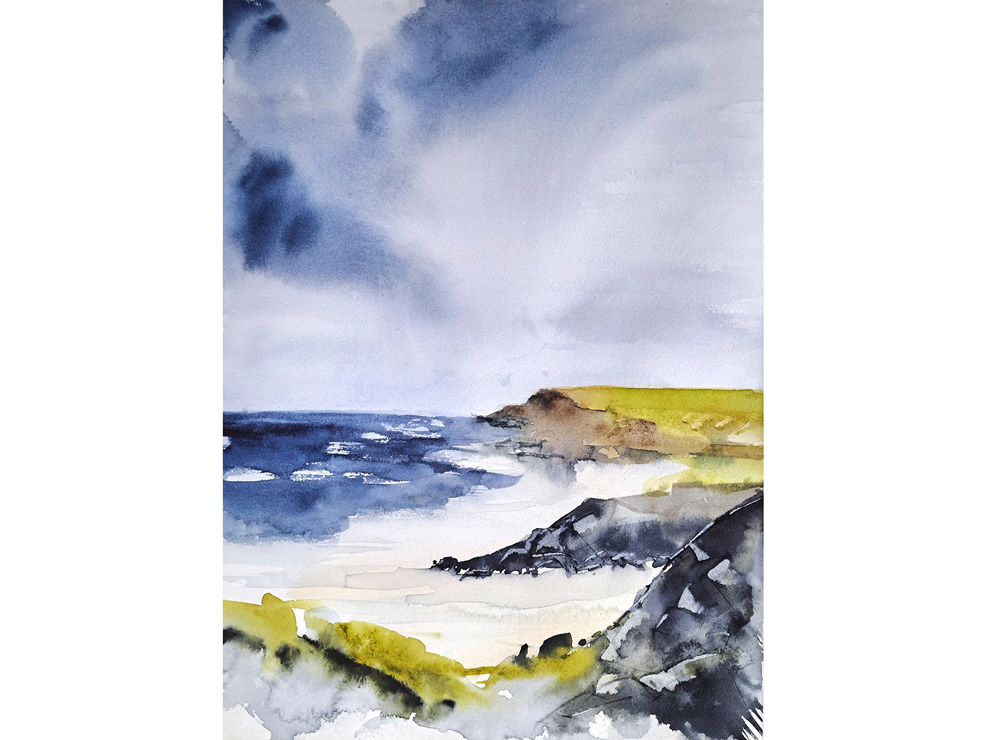 Tableau Aquarelle Original Signé T.H. Victor, Paysage Côtier (Cornouailles ?), Avec Sable