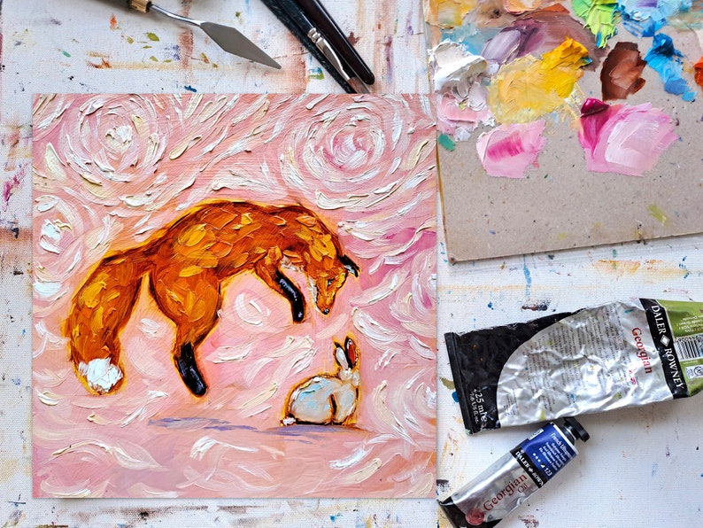 Fox Painting Bunny Original Art Animals Lover Artwork 10 by 10 image 5