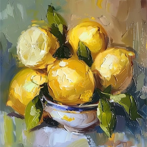 May include: A still life painting of a bowl filled with lemons. The lemons are yellow and have green leaves. The bowl is white with blue and brown accents.