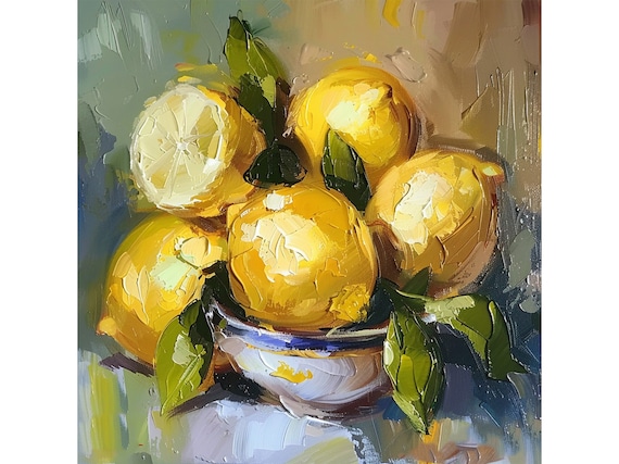 Lemon Painting Still Life Original Art Fruit Artwork Kitchen Wall Art Decor Naive Style Art by ArtSenya