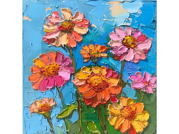 Zinnia Flowers Oil Painting Meadow Floral Original Art Flower
