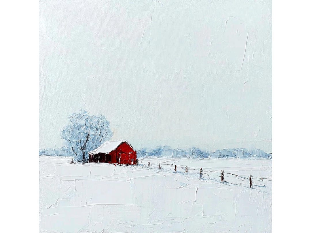 Winter Barn Canvas Painting Red Farmhouse Snow Landscape Wall Art Decor ...