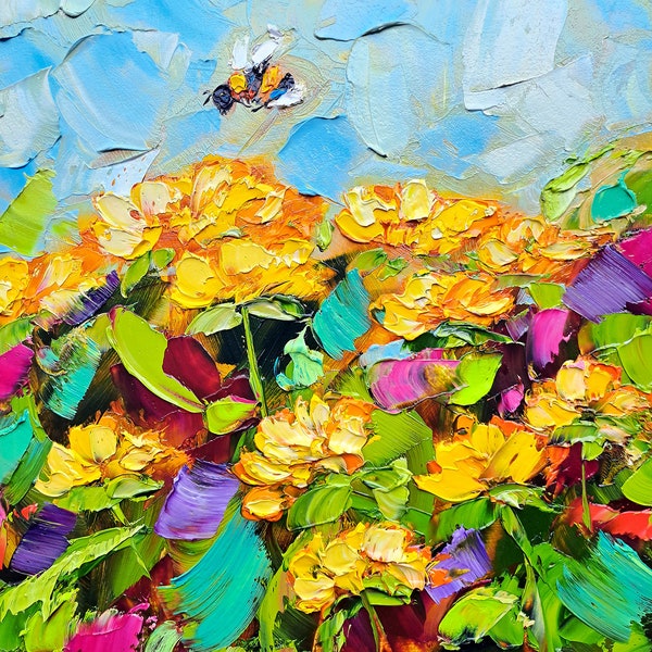 Honeybee Painting Flowers Original Art Dandelions Flowers Impasto Artwork Rustic Wall Decor Spring Gifts by ArtSenya