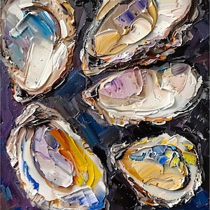 May include: A close-up of five oyster shells painted in a realistic style. The shells are arranged in a cluster, with the edges of the shells overlapping. The shells are painted in shades of white, blue, purple, and yellow, with a dark background.