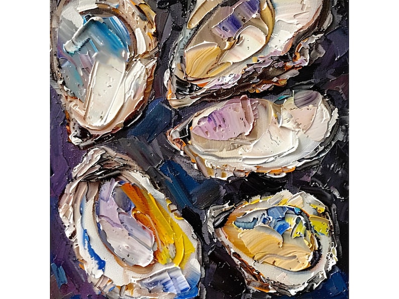 May include: A close-up of five oyster shells painted in a realistic style. The shells are arranged in a cluster, with the edges of the shells overlapping. The shells are painted in shades of white, blue, purple, and yellow, with a dark background.