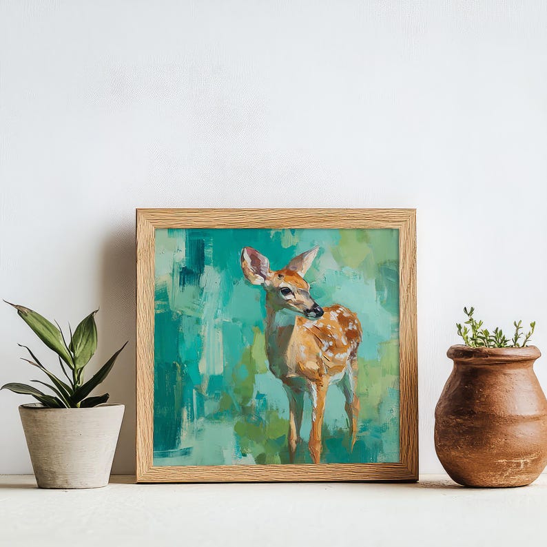 Puede incluir: Pintura enmarcada de un ciervo con pelaje marr&oacute;n claro y manchas blancas. La obra presenta un fondo abstracto turquesa y verde. El marco es de madera clara. Una planta en maceta y un peque&ntilde;o jarr&oacute;n est&aacute;n en primer plano.