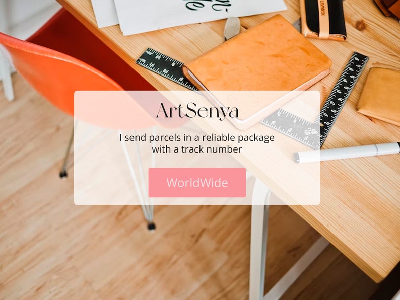 May include: A white pop-up window with the text "ArtSenya" in black font. The text "I send parcels in a reliable package with a track number" is below the title. A pink button with the text "WorldWide" is at the bottom of the window.