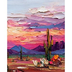 Arizona Desert Sunset Painting Impasto Landscape Cactus Wall Art Textured Oil Painting Southwest Decor Colorful Desert Art by ArtSenya
