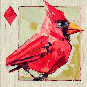 Pintura de cardeal vermelho sobre tela Pássaro Tela original Belas artes Carta de baralho Arte de animais Arte de ArtSenya