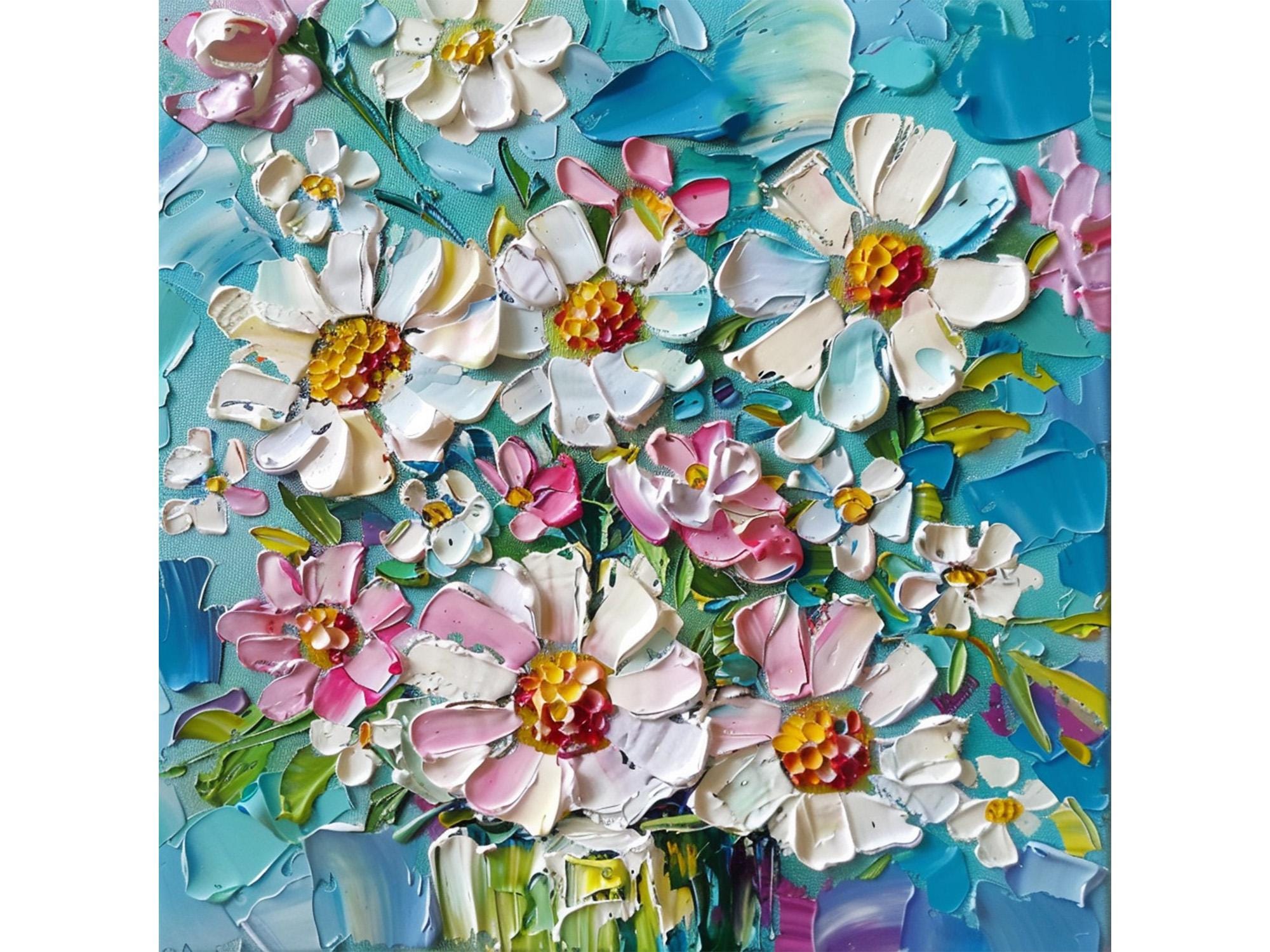 デイジー ペインティング 花 厚塗り オリジナル アート テクスチャー