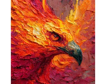 フェニックスの絵画：キャンバスに油彩を描いたインパスト画 - 燃える