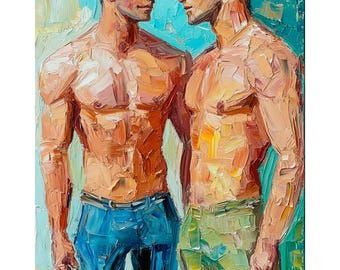 Gay Boyfriends Oil Painting On Canvas Boys Body Artwork Male Bodies Wall Art Gift for Him