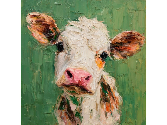 肉質画【牛】油彩画 テクスチャのある牛の油絵：農場の動物の肖像画、素朴な家の装飾