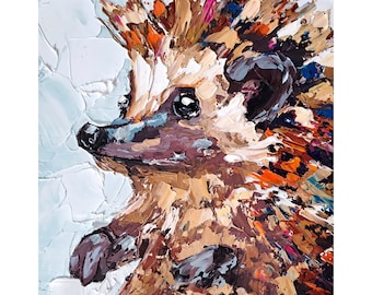 Hedgehog Oil Painting Animals Original Art Pet Portrait Impasto Artwork by ArtSenya