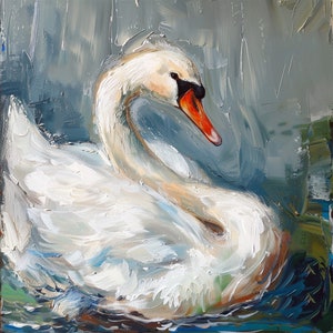 Swan Portrait Bird Original Oil Painting Elegant Animals Impasto Wall Art Gifts for Her by ArtSenya
