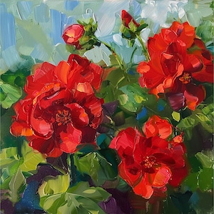 Red Geranium Flowers Oil Painting Floral Original Art Botanical Wall Art Decor Gifts for Her by ArtSenya