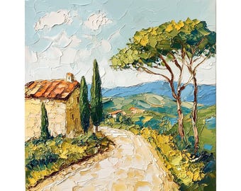 May include: A painting of a countryside scene with a small stone house, two tall cypress trees, and a winding road leading up a hill. The sky is blue with white clouds, and the hills are green and rolling.