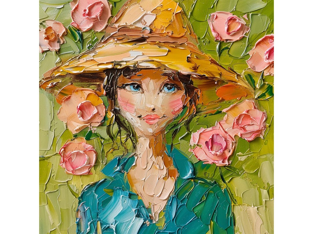 Woman Portrait Impasto Large Painting on Canvas Rose Flowers Textured ...