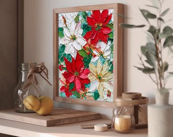 ポインセチアの絵画：クリスマスの花のオリジナル油絵、赤と白の花の