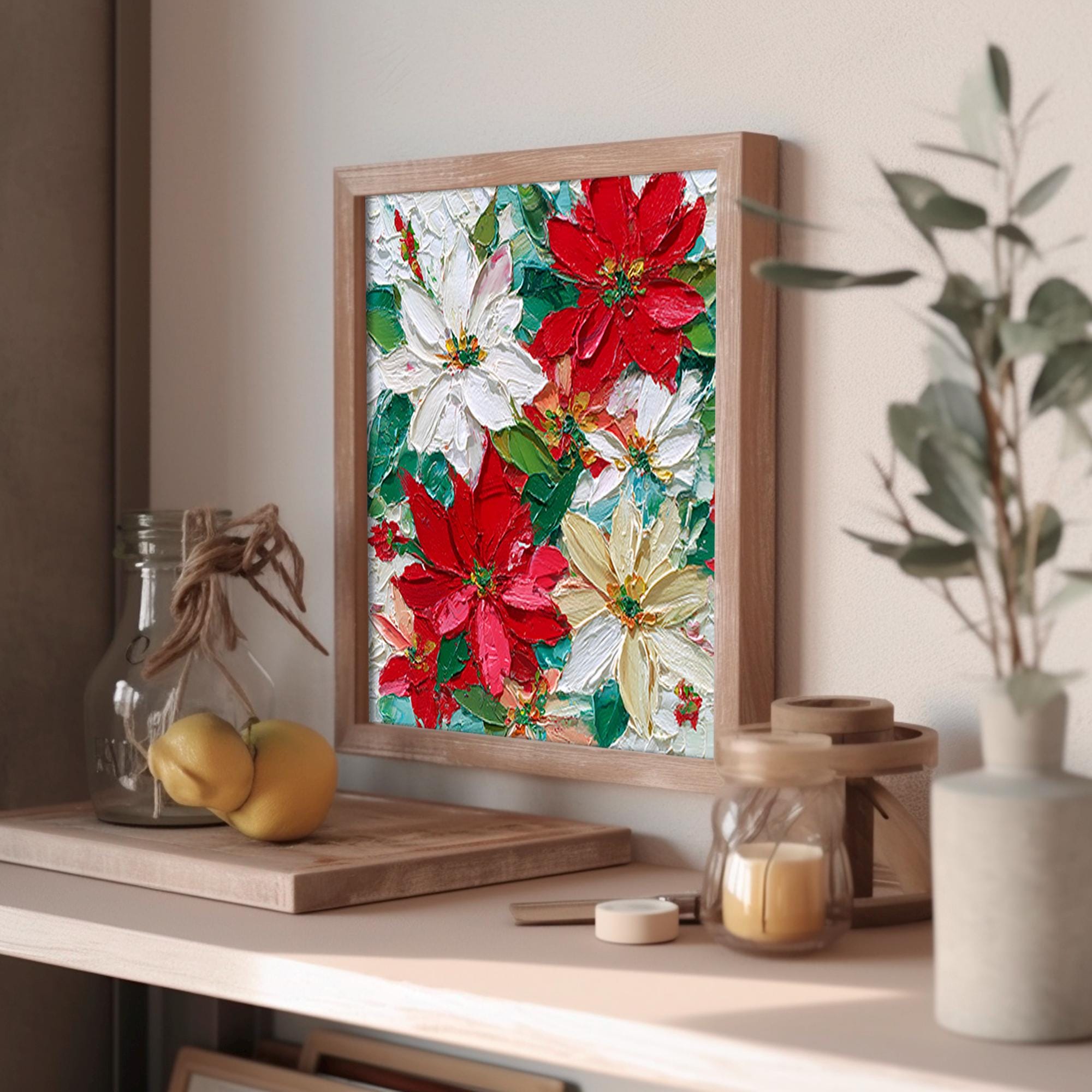 ポインセチアの絵画：クリスマスの花のオリジナル油絵、赤と白の花の
