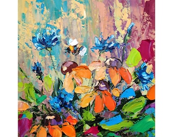 ルドベキアの花の絵画 ヤグルマギクのオリジナルアート ミツバチの