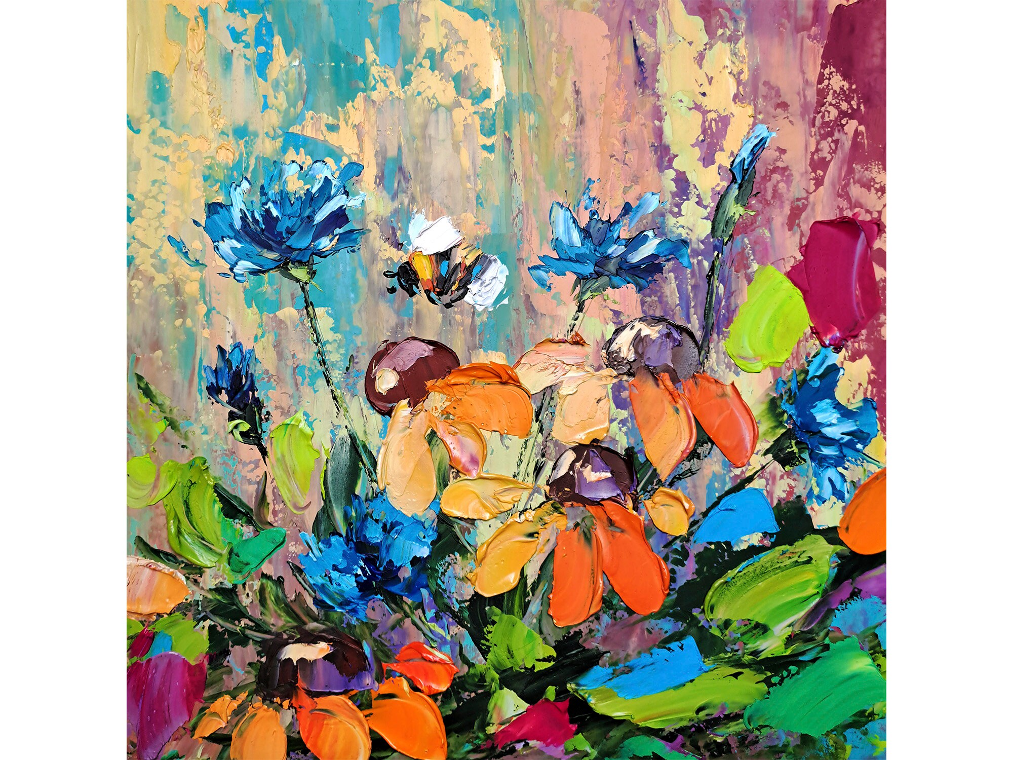 ルドベキアの花の絵画 ヤグルマギクのオリジナルアート ミツバチの