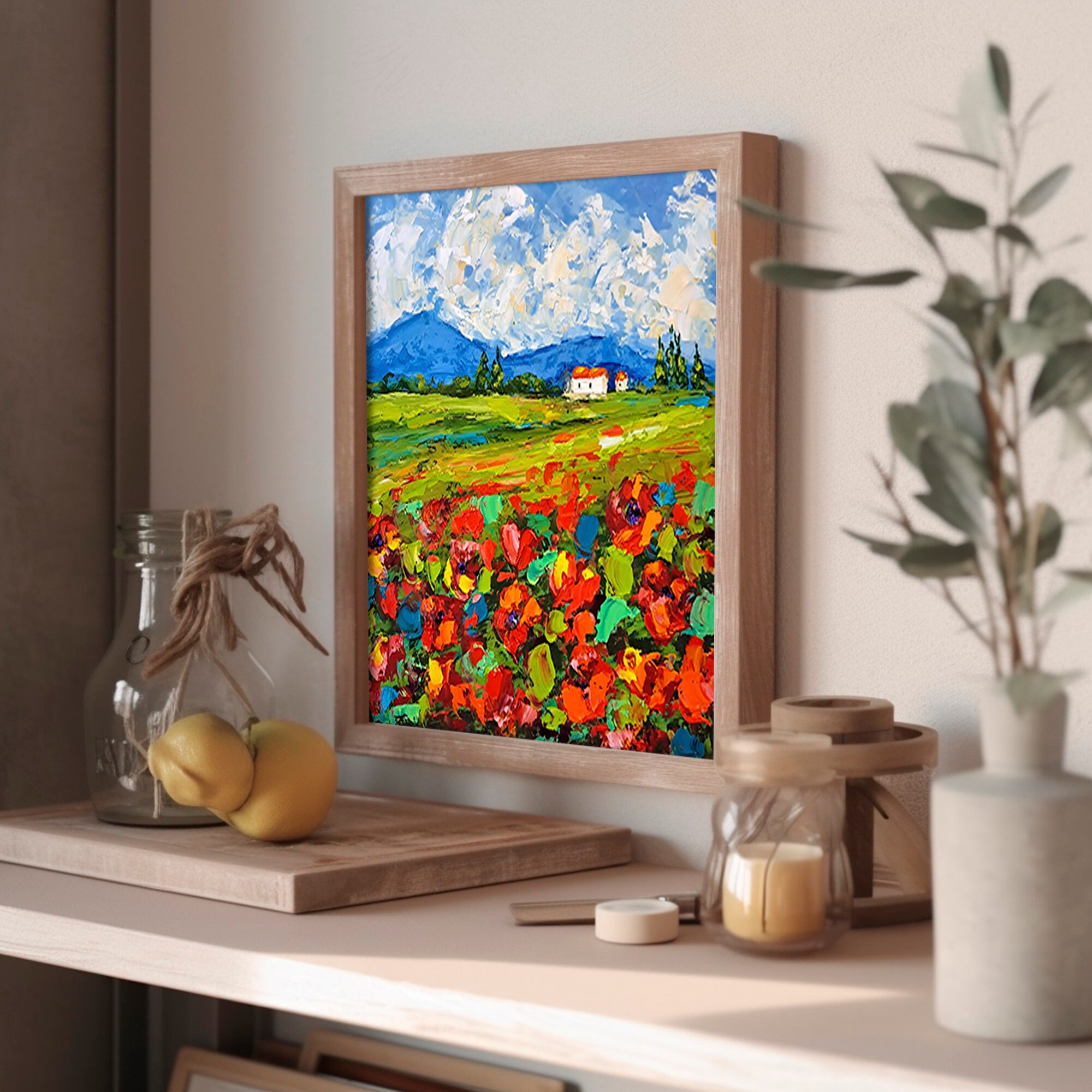 Tuscany Painting Red Poppy Fields Original Art Italy Landscape Impasto ...