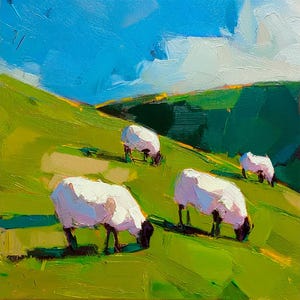 Sheep Painting Impasto Art Irish Farm Animal Landscape Oil Painting Pastoral Hillside Scene Rural Wall Art Country Home Decor by ArtSenya