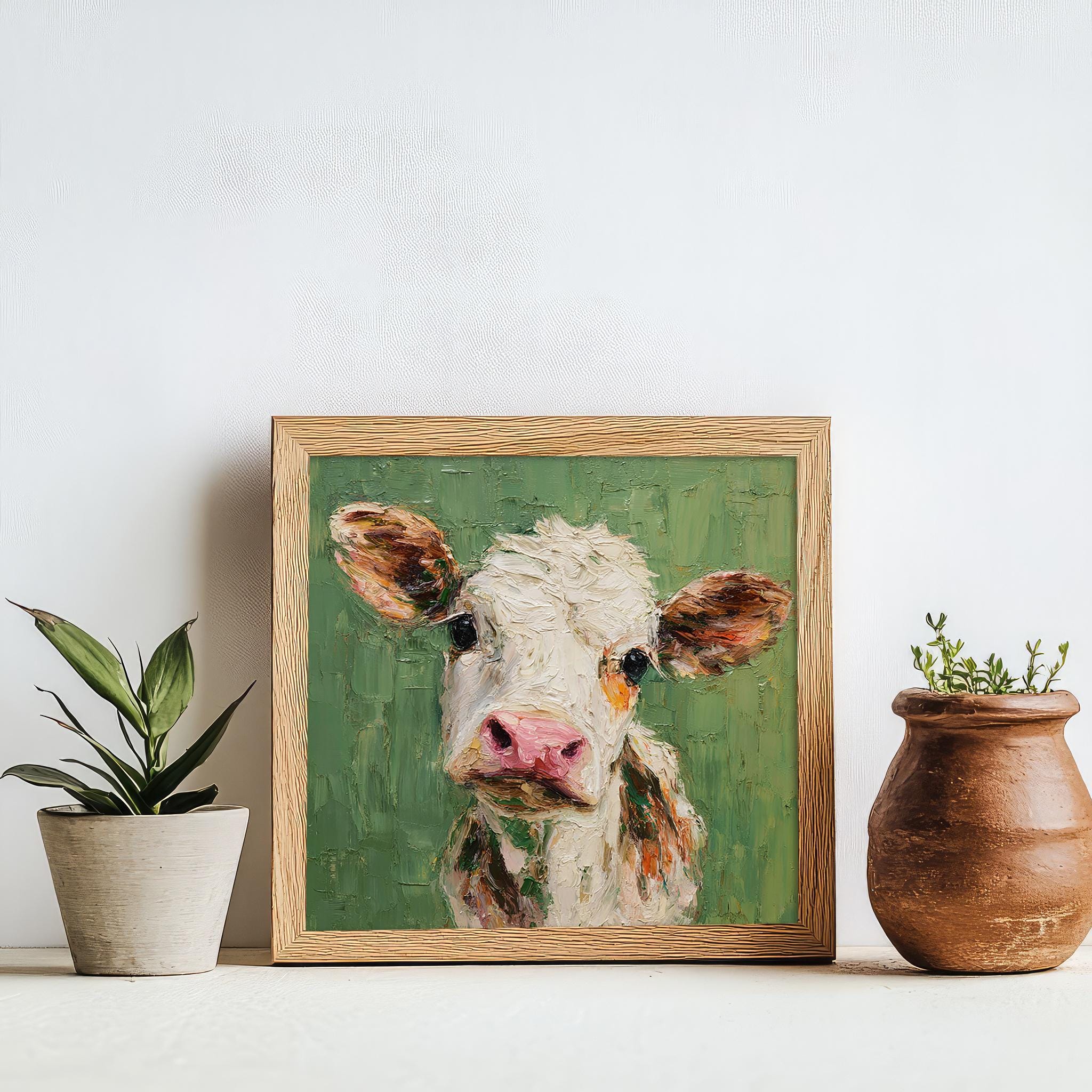 テクスチャのある牛の油絵：農場の動物の肖像画、素朴な家の装飾