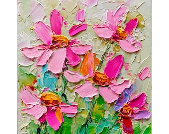 Impasto Pink Flowers Oil Painting: Textured Floral Bloom Art