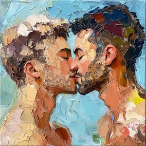 Kissing Gay Painting: Male Portrait, Original Impasto Art