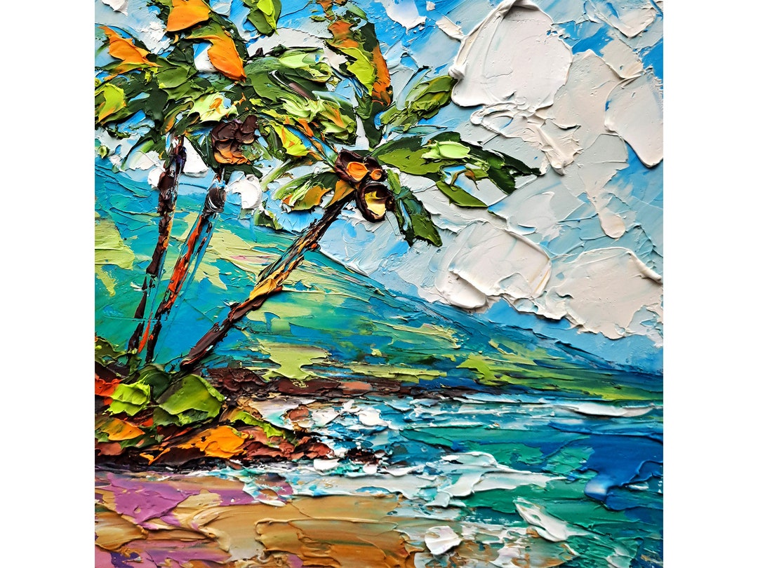 Hawaii Oil Painting Palm Trees Original Fine Art Seascape Impasto Oil ...
