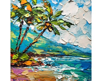 ハワイの油絵 ヤシの木 オリジナル ファインアート 海景 厚塗り油絵 オアフ島 ウォールアート 旅行ギフト ArtSenya