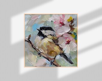 チカディー キャンバス油絵 小鳥 オリジナル絵画 花 キャンバスアート