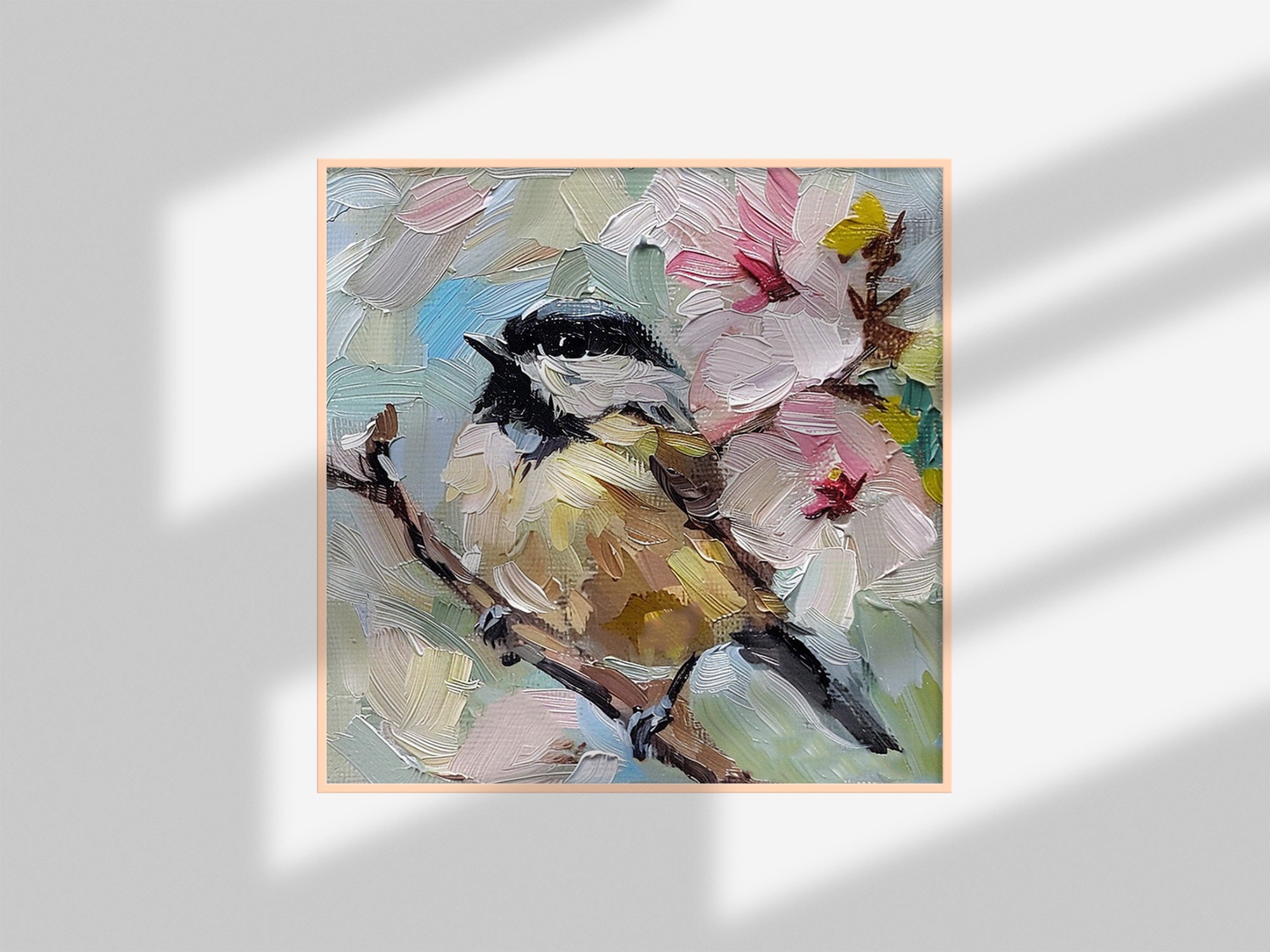 チカディー キャンバス油絵 小鳥 オリジナル絵画 花 キャンバスアート