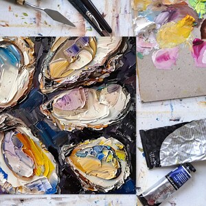 May include: A close-up of an oil painting depicting five oyster shells with a textured, impasto style. The shells are painted in shades of white, blue, yellow, and purple against a dark background.