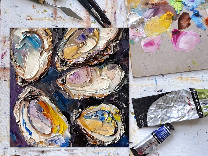 May include: A close-up of an oil painting depicting five oyster shells with a textured, impasto style. The shells are painted in shades of white, blue, yellow, and purple against a dark background.