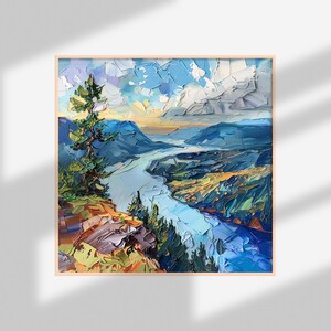 May include: A painting of a river winding through a valley, with a single pine tree in the foreground. The sky is blue with white clouds, and the river is a light blue. The valley is a mix of green and brown.